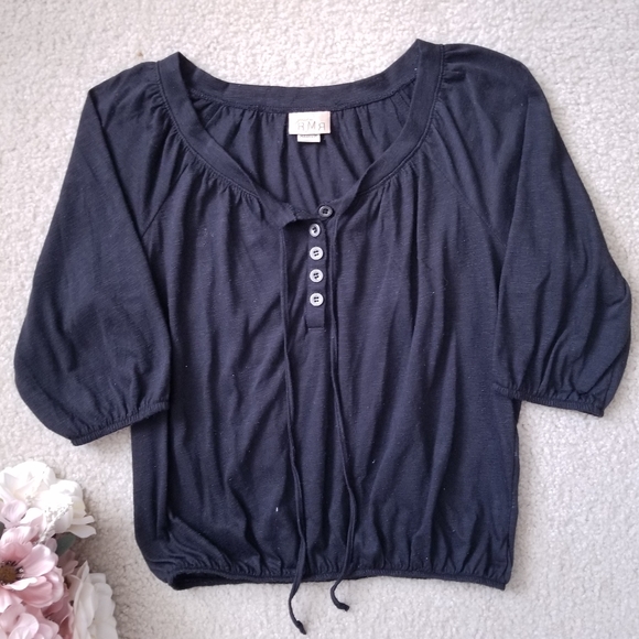 just a rumor Tops - Loose Black Boho Front Tie Buttoned Peasant Shirt